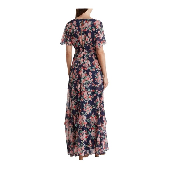 Lulus Navy Floral Maxi Dress Low Plunge Short Sleeve Womens XS - Picture 3 of 11